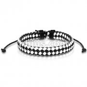 Black and White Diagonal Checker Weaved Leather Bracelet with Drawstrings