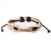 Brown Shades of Strings and Leather Bracelet with Drawstring