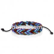 Brown with Blue and Purple Braided Leather Bracelet with Drawstrings