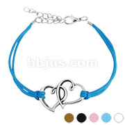 Two Hearts Cast Iron Leather Bracelet with Lobster Claw Clasp