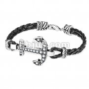 Crystals Paved Anchor Antique Silver PlatedLeatherette Bracelets