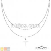 Cross Pendant with Petite Beads on Double Layered Stainless Steel Chain Necklace