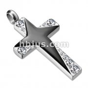 Stainless Steel Cross Pendant with Graduated Gems and Black Enamel