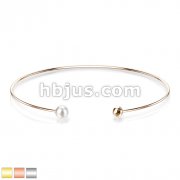 Pearl and Faceted Sphere Ends Stainless Steel Wire Bangle Bracelet