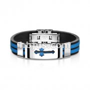 Medieval Cross 316L Stainless Steel ID Plate 2-Tone Maze Rubber Straps Bracelet