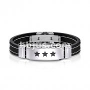 Triple Stars 316L Stainless Steel ID Plate Stitch Accent Rubber Straps Bracelet