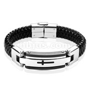 Steel Leather Bracelet with Black Cross 