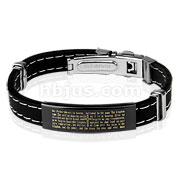 Lords Prayer Black Plated ID Plate Stitch Accent Rubber Stainless Steel Bracelet