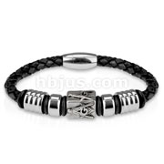 Mens Black Leather and Stainless Steel Bracelets, Masonic Sign Center and Magnetic Clasp