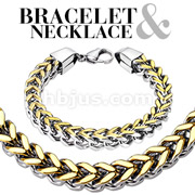 Box Weave Gold IP Duo-Tone Chain Link Stainless Steel Bracelet & Necklace Combo Set