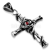 Red CZ Centered Flower and Vine on Cross Stainless Steel Pendants