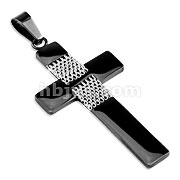 Cross with Steel Mesh Center Black IP Over Stainless Steel Pendant