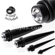 Black Acrylic Taper with Clear CZ Gem on end with O-Rings 120pc Pack (20pcs x 6 sizes, 8GA~00GA)