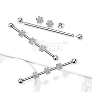 Implant Grade Titanium Internally Threaded Industrial Barbell With Three Titanium 6-CZ Flowers on Threaded Bar