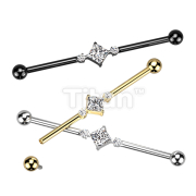 Implant Grade Titanium Internally Threaded Industrial Barbell With 2 Round CZ and Square CZ Center