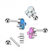 Implant Grade Titanium Internally Threaded Cartilage Barbell With Bezel Set Opal Cluster Top