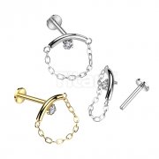 Implant Grade Titanium Internally Threaded Labret With Chain Linked Curved Bar With Prong Set CZ 