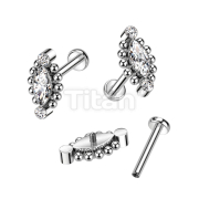 Implant Grade Titanium Internally Threaded Balls Around Marquise CZ Center With 2 Round CZ Ends Labret , Flat Back Studs for Ear Cartialge, Chin and More