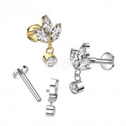 Implant Grade Titanium Internally Threaded Labret With 3 Marquise CZ With Round Bezel Set CZ Dangle Top