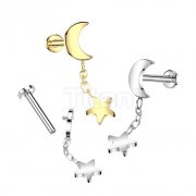 Implant Grade Titanium Internally Threaded Labret Crescent Moon With Star Dangle Top