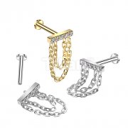 Implant Grade Titanium Internally Threaded Labret CNC CZ Set Rectangle Top With Double Chain Dangle