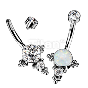 Implant Grade Titanium Internally Threaded Bezel Set CZ or Opal Center with Ball Cluster Bezel Set CZ on Top and Bottom Belly Button Navel Ring
