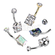 Implant Grade Titanium Internally Threaded Prong Set Round CZ Top and Prong Set Rectangle CZ Belly Button Ring