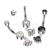 Implant Grade Titanium Internally Threaded Double Bezel Set CZ With Dangle Cluster of 5 Bezel Set CZ Belly Button Ring