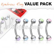 5 Pcs Value Pack Illuminating Stone Set 316L Surgical Steel Curved Barbells, Eyebrow Rings