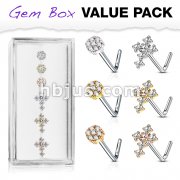 6 pcs Pre Loaded Gem Box Value Pack CZ Paved Small Flower and Cross 316L surgical Steel L Bend Nose Stud Rings