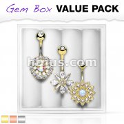 3 Pcs Pre Loaded Assorted 316L Surgical Steel Belly Navel Ring Gem Box Package