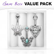 3 Pcs Pre Loaded Assorted 316L Surgical Steel Belly Navel Ring Gem Box Package
