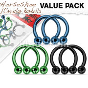 Value Pack Three Pairs 316L Surgical Steel Horseshoes. Titanium Anodized Blue,Green and Black