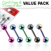 5 Pcs Value Pack of Assorted Titanium IP Cartilage/Tragus Bar Over 316L Stainless Steel