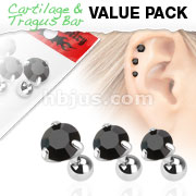3 Pcs Value Pack of Assorted 316L Tragus Bar with Black Round Gem Top