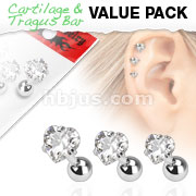 3 Pcs Value Pack of Assorted 316L Tragus Bar with Clear Hearts Gem Top