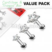 3 Pcs Value Pack of Assorted 316L Tragus Bar with Clear Star Gem Top