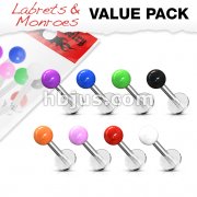 8 Pcs Value Pack of Assorted 316L Surgical Stainless Steel Monroe/Labret with Solid Color Acrylic Balls
