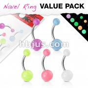 5 Pcs Value Pack of Assorted Color 316L Surgical Steel Navel Rings with Glow In The Dark Balls