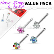 4 Pcs Value Pack of Assorted 316L Surgical Steel Flower Multi-Gem Paved Top Nose Stud  