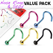 5 Pcs Value Pack of Assorted Dome Top Titanium IP Over 316L Surgical Steel Nose Screw
